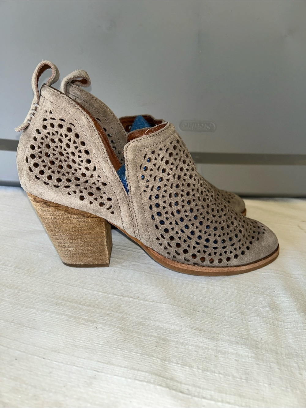 Jeffrey Campbell Taupe Suede Laser-Cut Cutout Booties